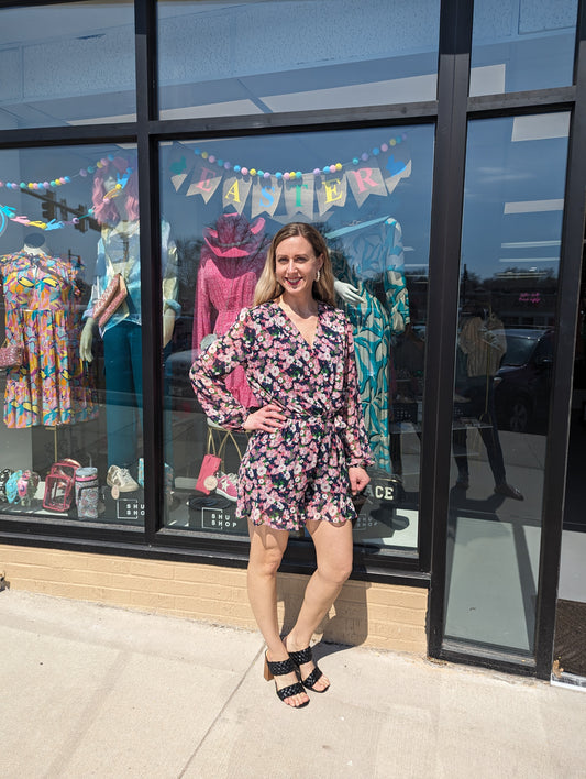 V Neck Floral Romper Pockets