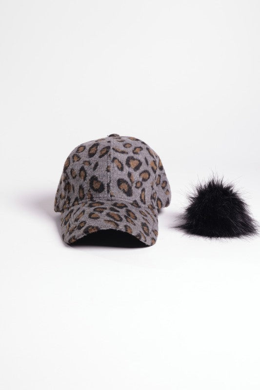 Leopard Baseball Cap with Removable Pom