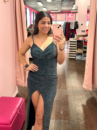 Glitter Front Slit Dress Emerald