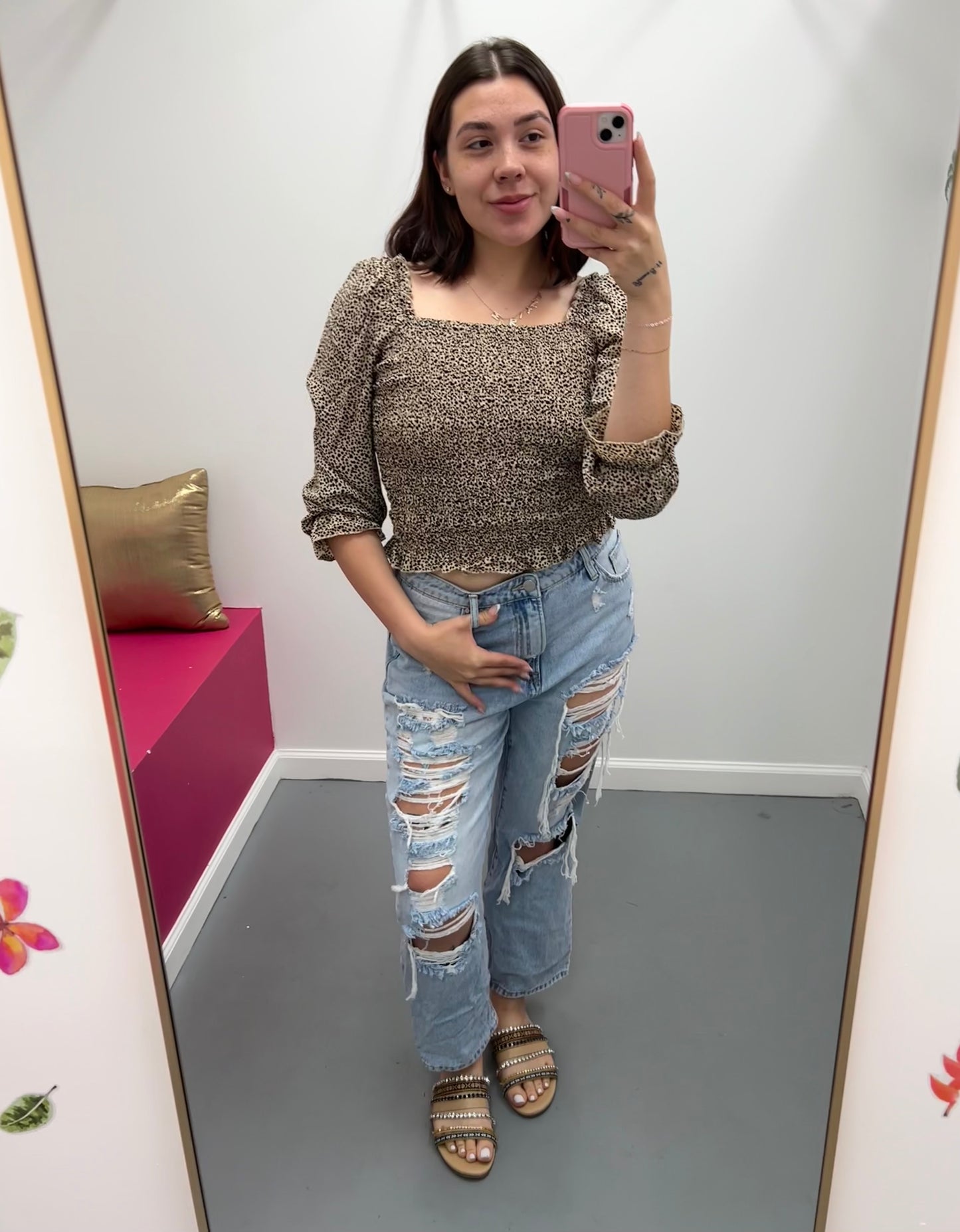 Smocked Animal Print Top
