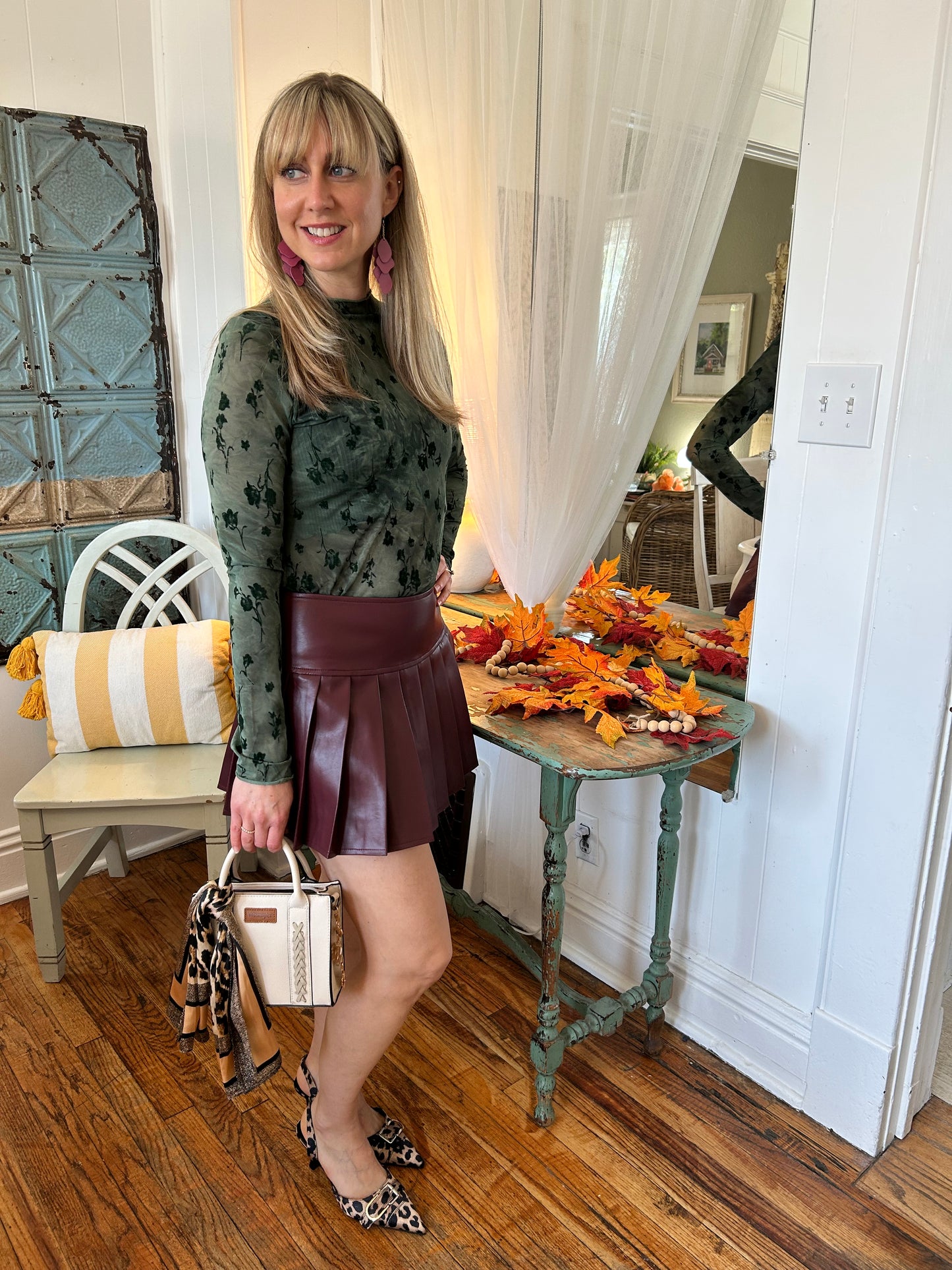 Long Sleeve Mesh/Velvet Top Green