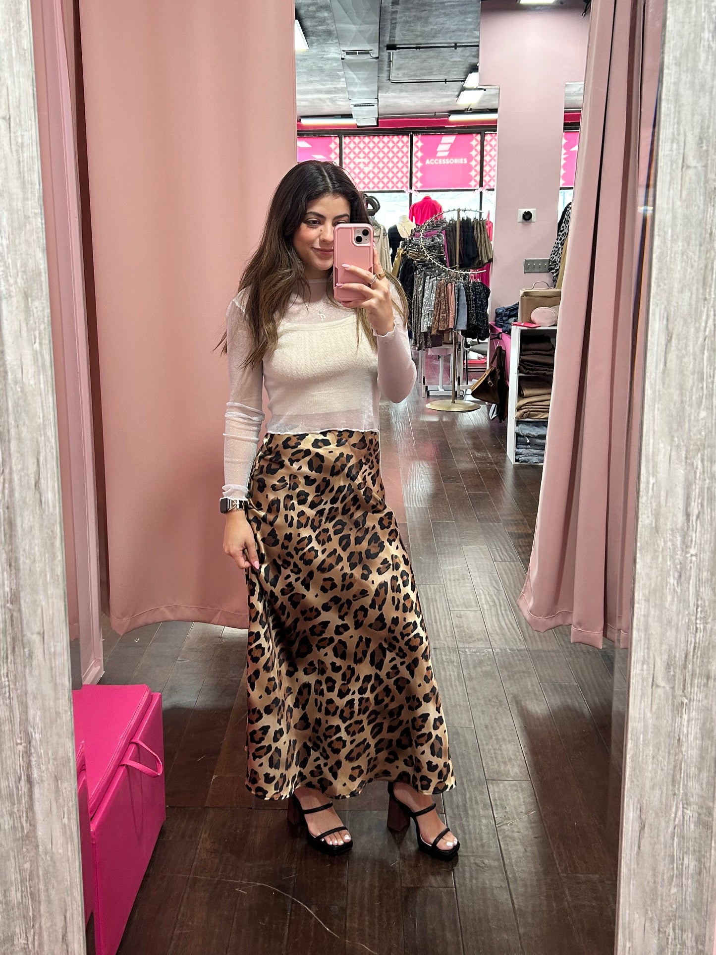 Leopard High Waist Satin Skirt