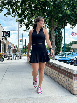 Curvy Pleat Belt Loop Skort Black