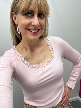 Lace Trim Ribbed Tee LS Lt Pink
