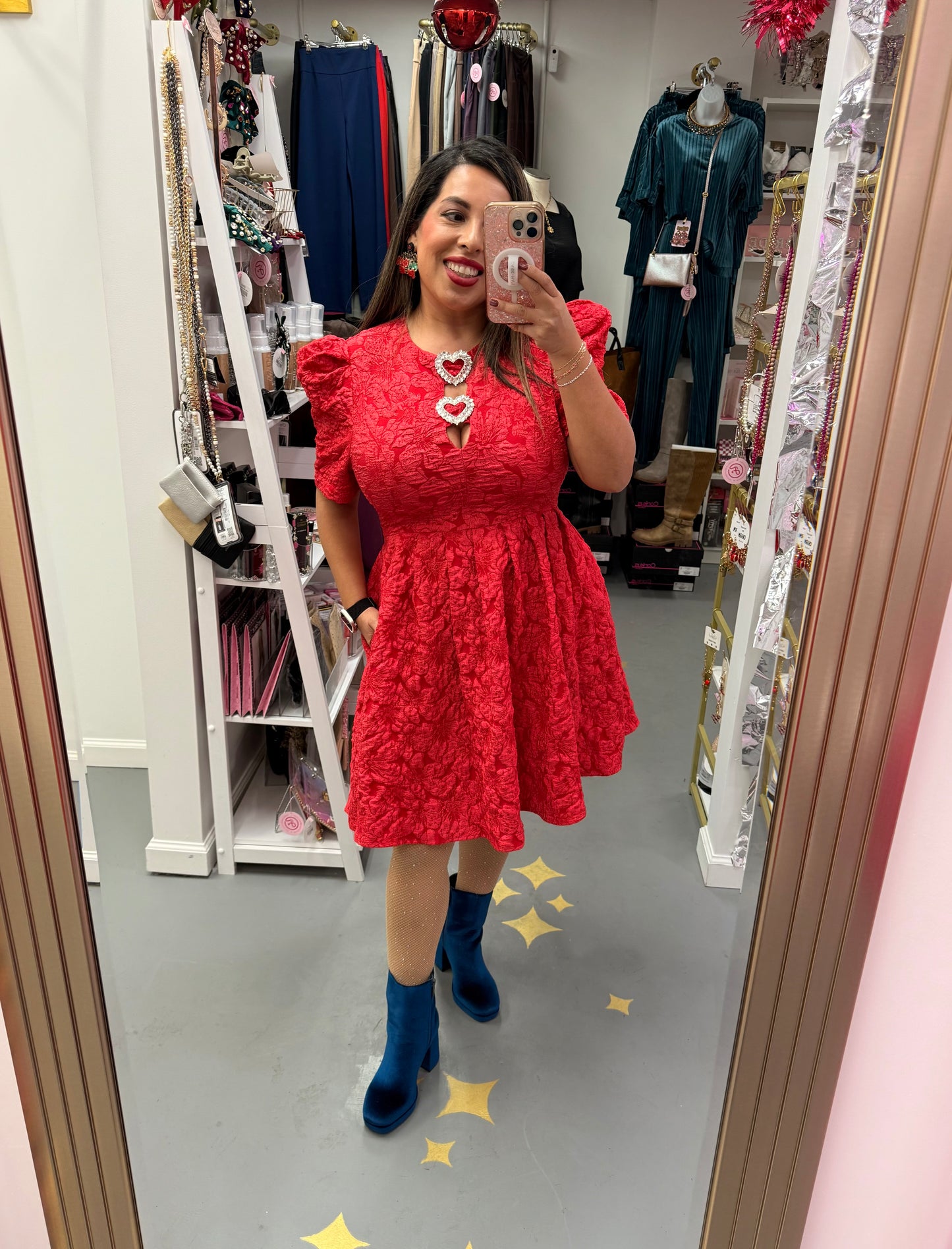 Jacquard Puff Sleeve Dress Red