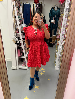 Jacquard Puff Sleeve Dress Red