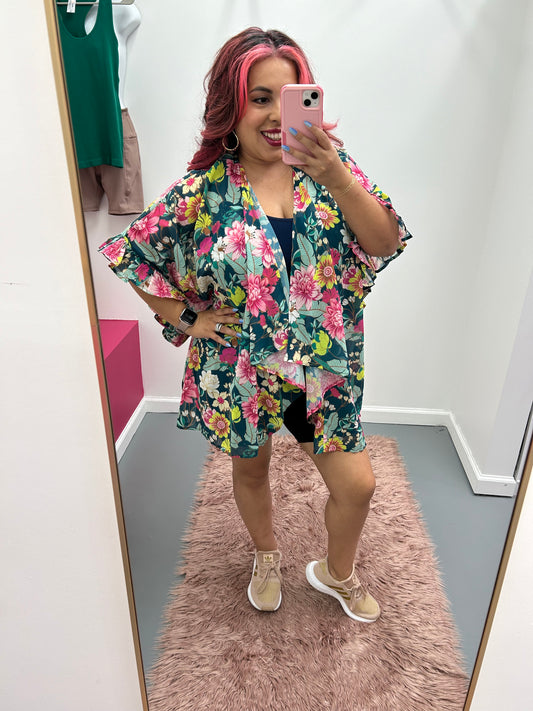 Curvy Floral Ruffle Kimono Green