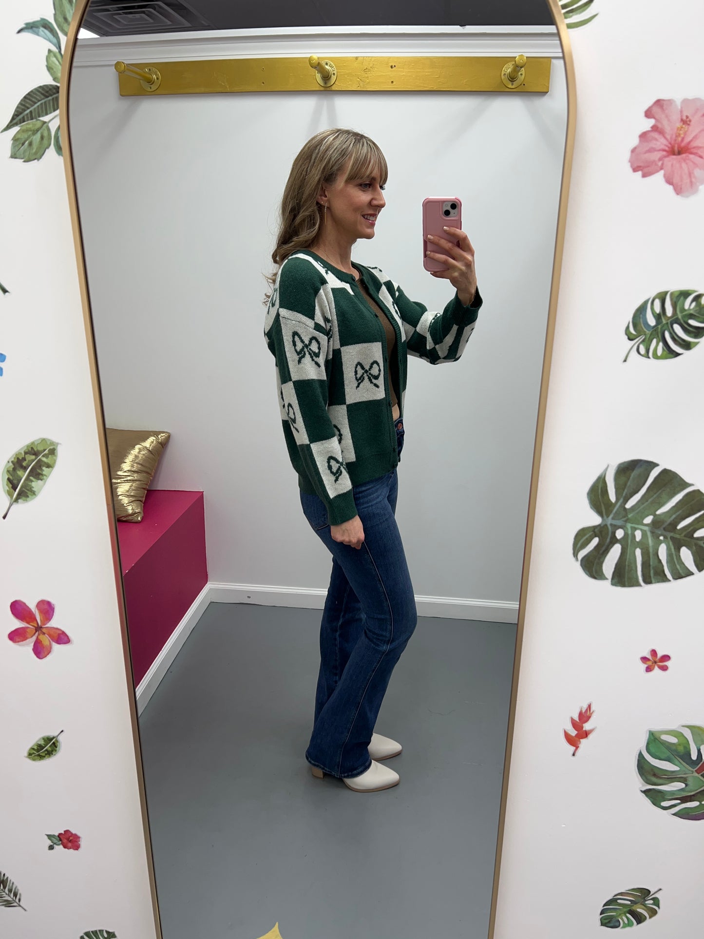 Checkered Bow Cardigan Green