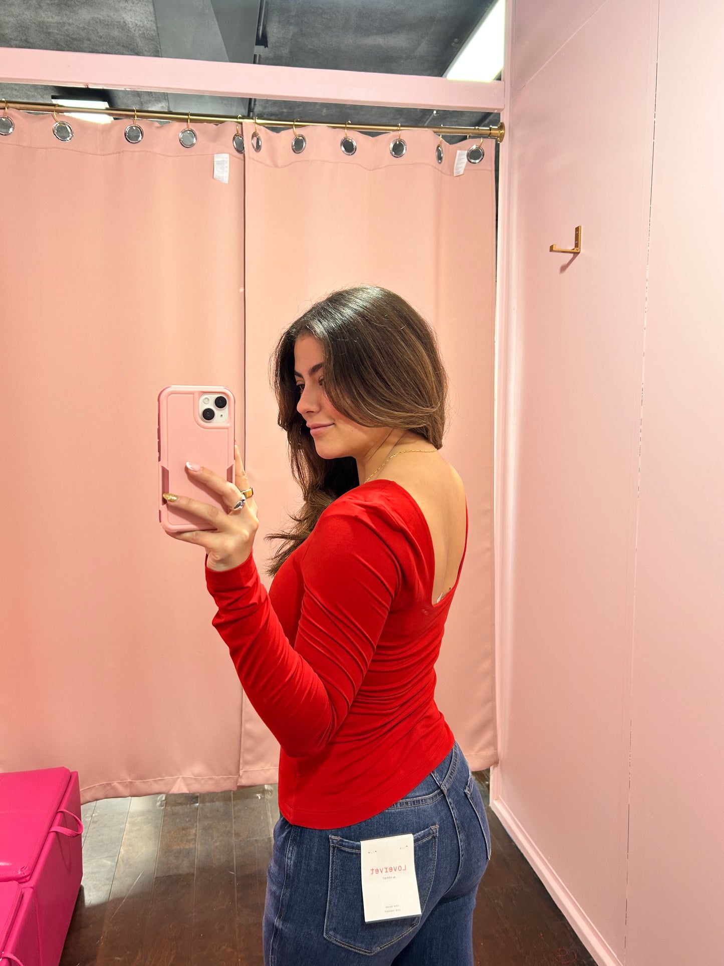 Square Neck Long Sleeve Top Red