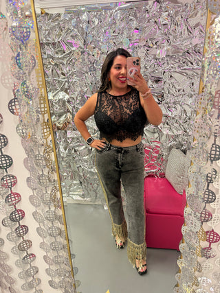 Side Sequin Fringe Jeans Black