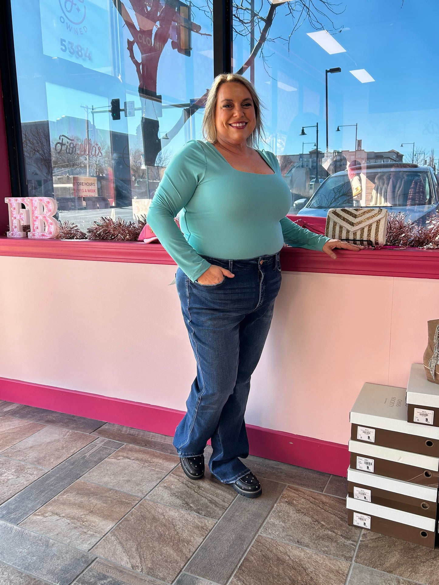 Curvy Square Neck LS Top Ocean