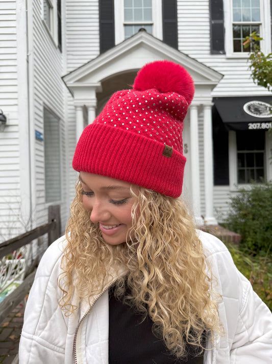 Allover Bling Pom Beanie Red