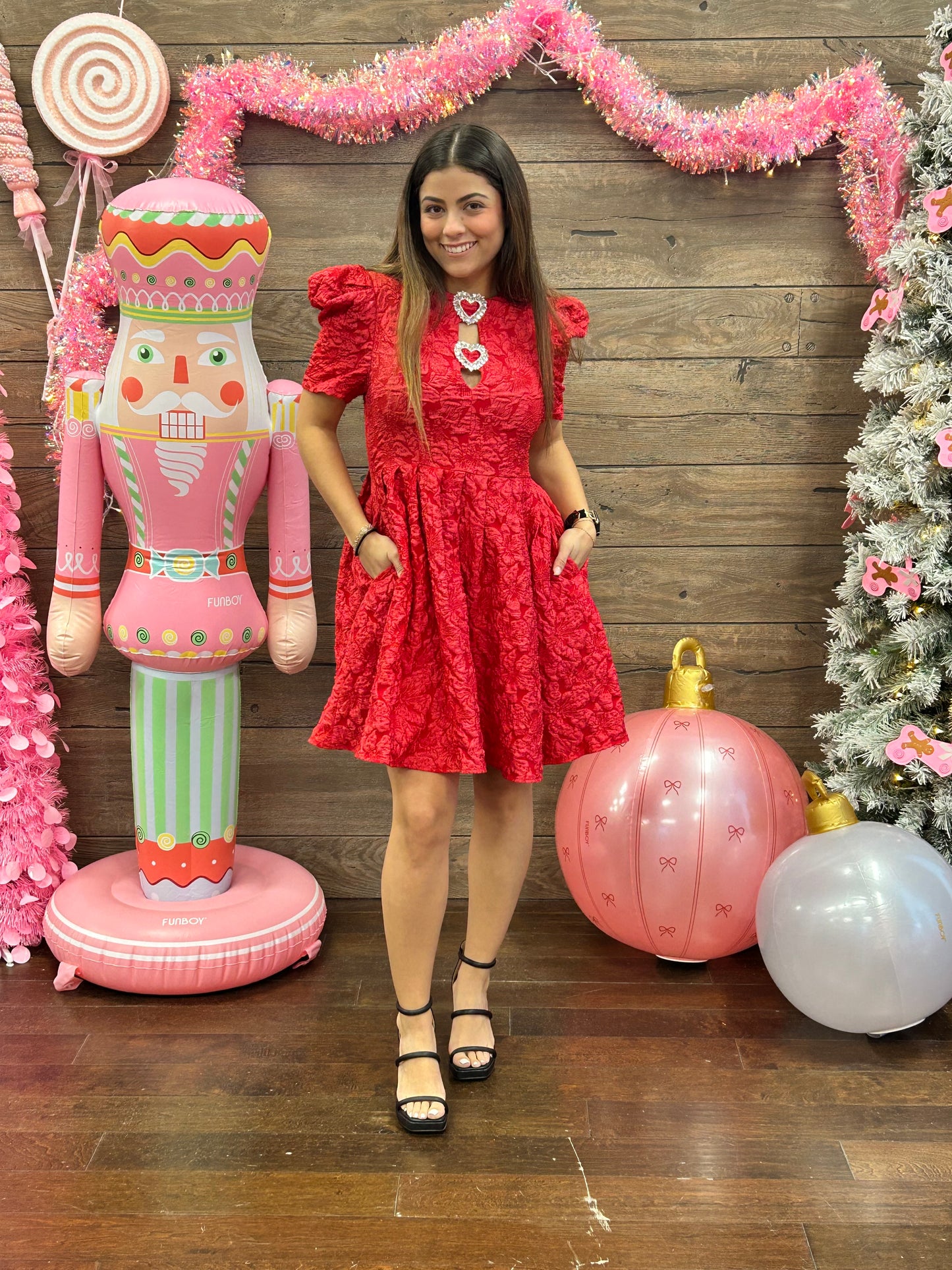 Jacquard Puff Sleeve Dress Red