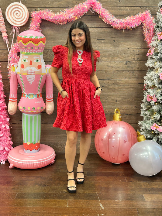 Jacquard Puff Sleeve Dress Red