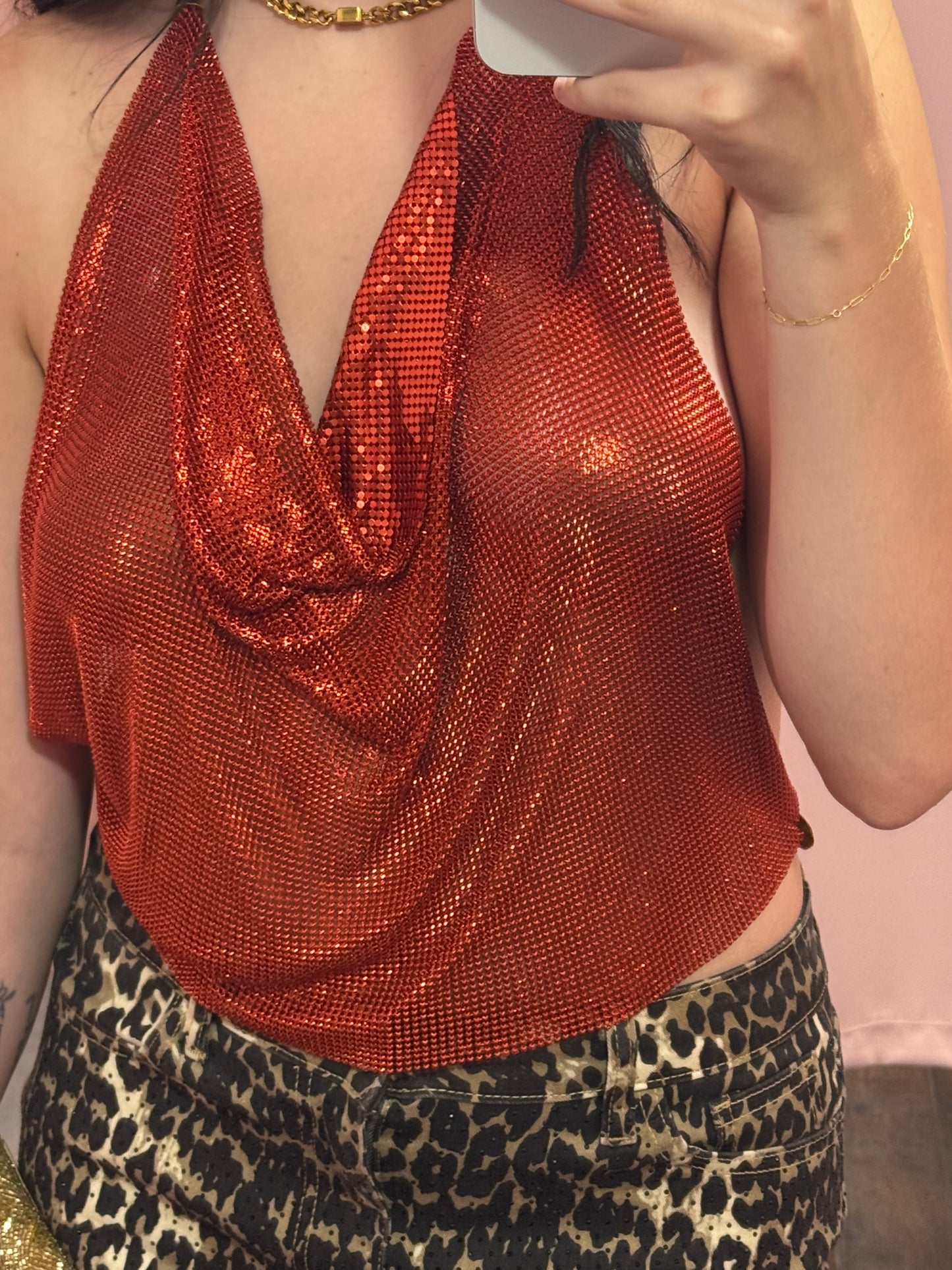 Metal Mesh Camisole Body Chain Red