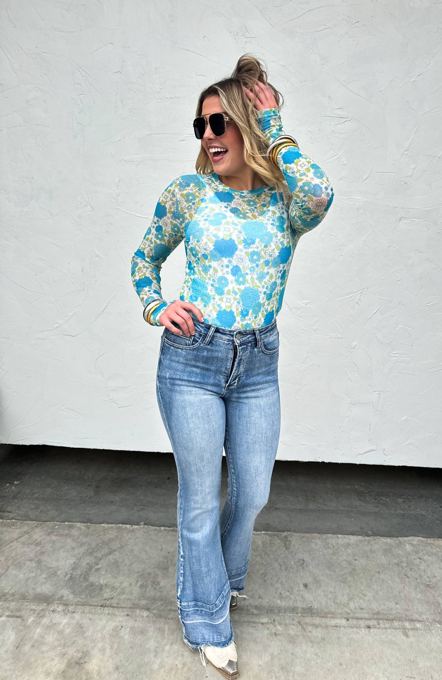 Floral Mesh Top Blue Green