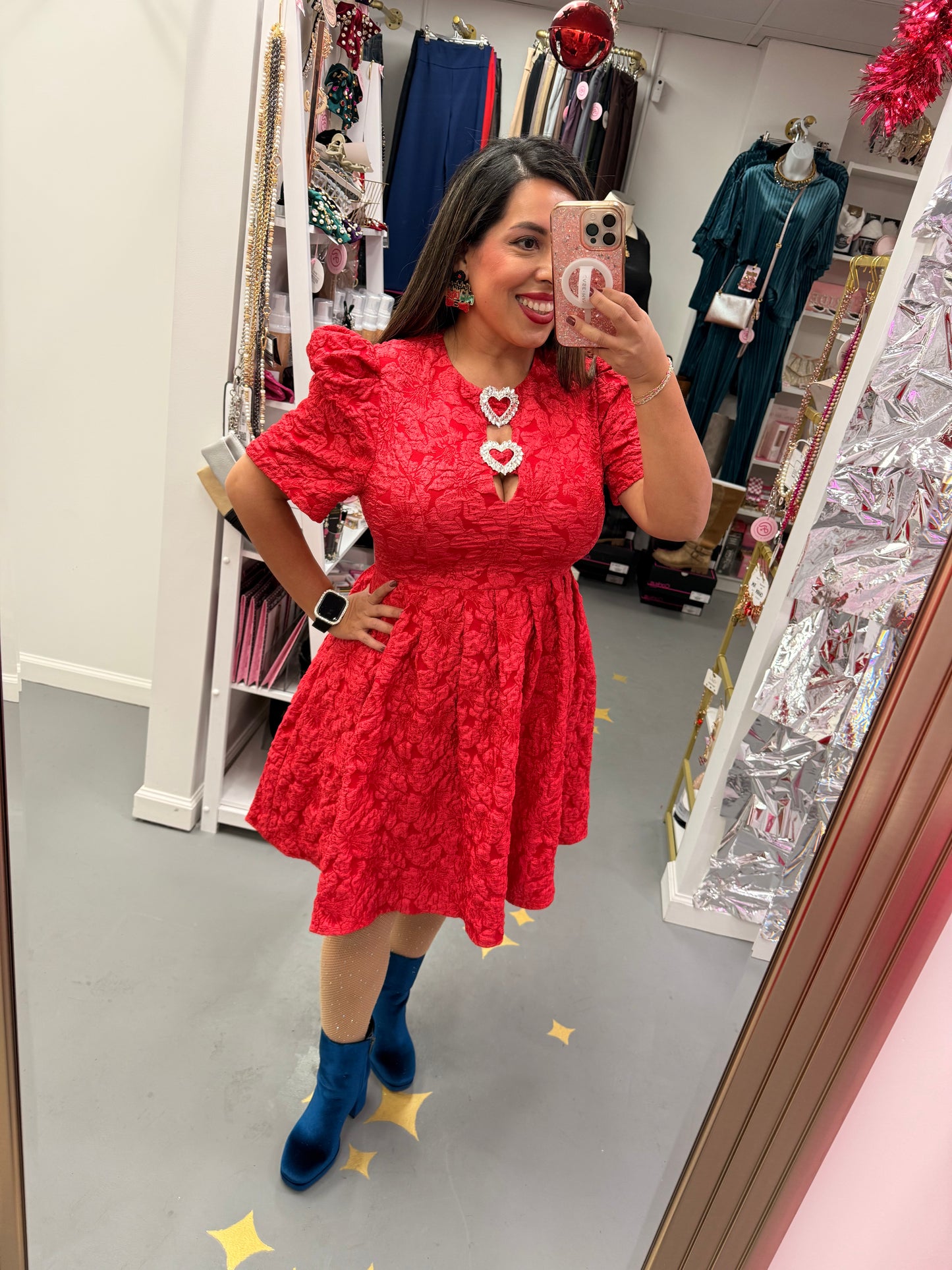 Jacquard Puff Sleeve Dress Red