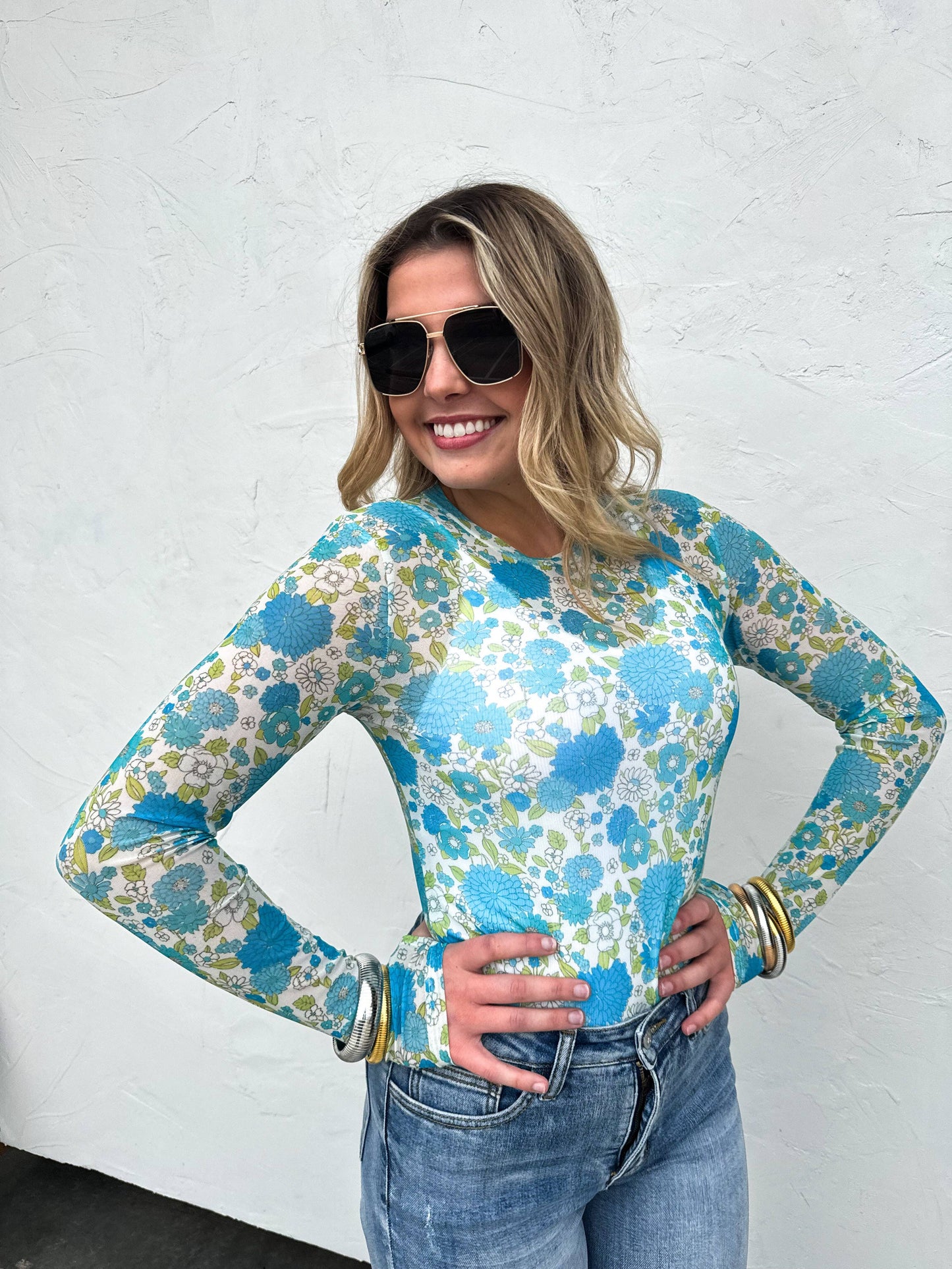 Floral Mesh Top Blue Green