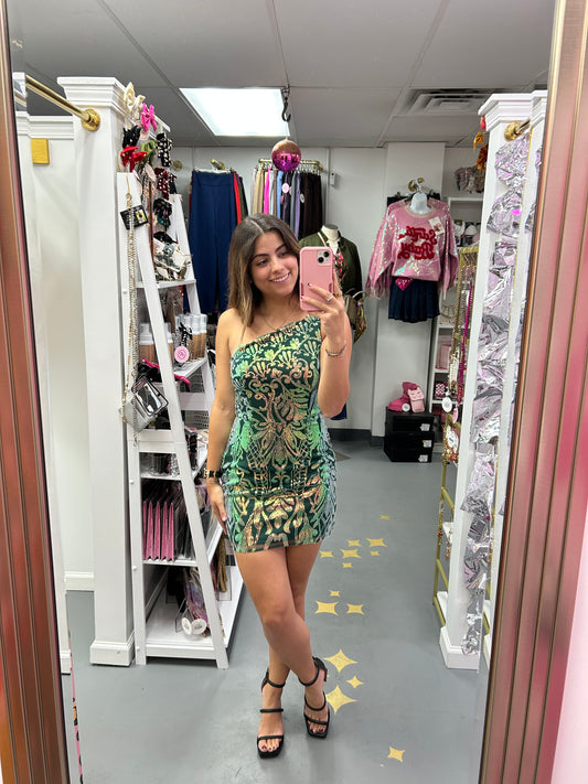 One Shoulder Scallop Sequin Dress