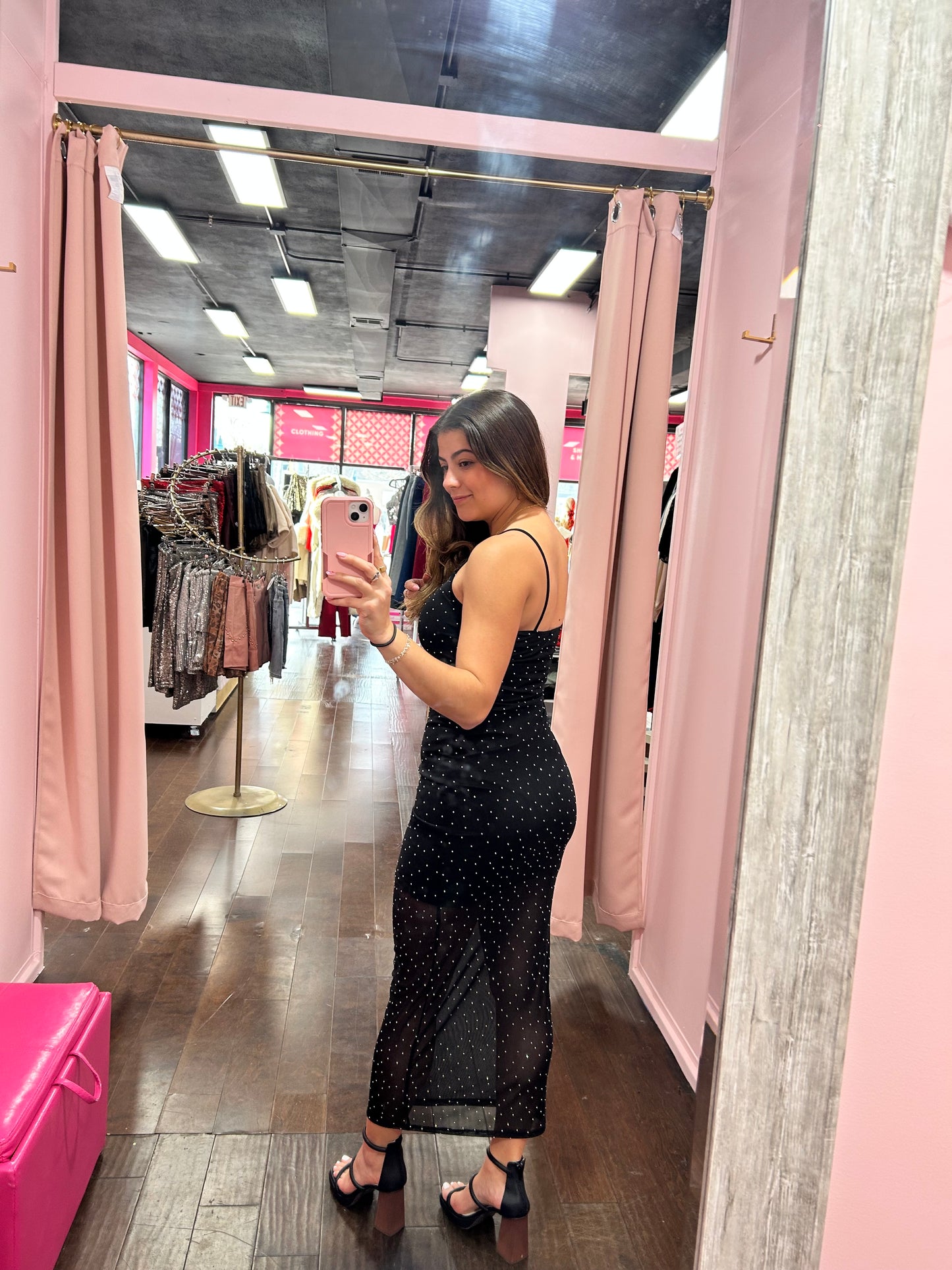 Rhinestone Mesh Maxi Dress Black