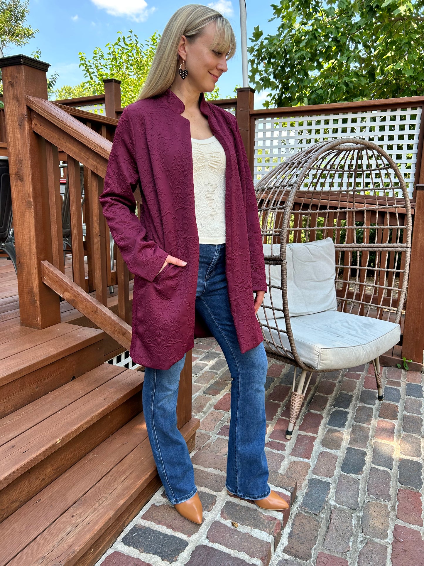 Textured Coat w Pockets Wine