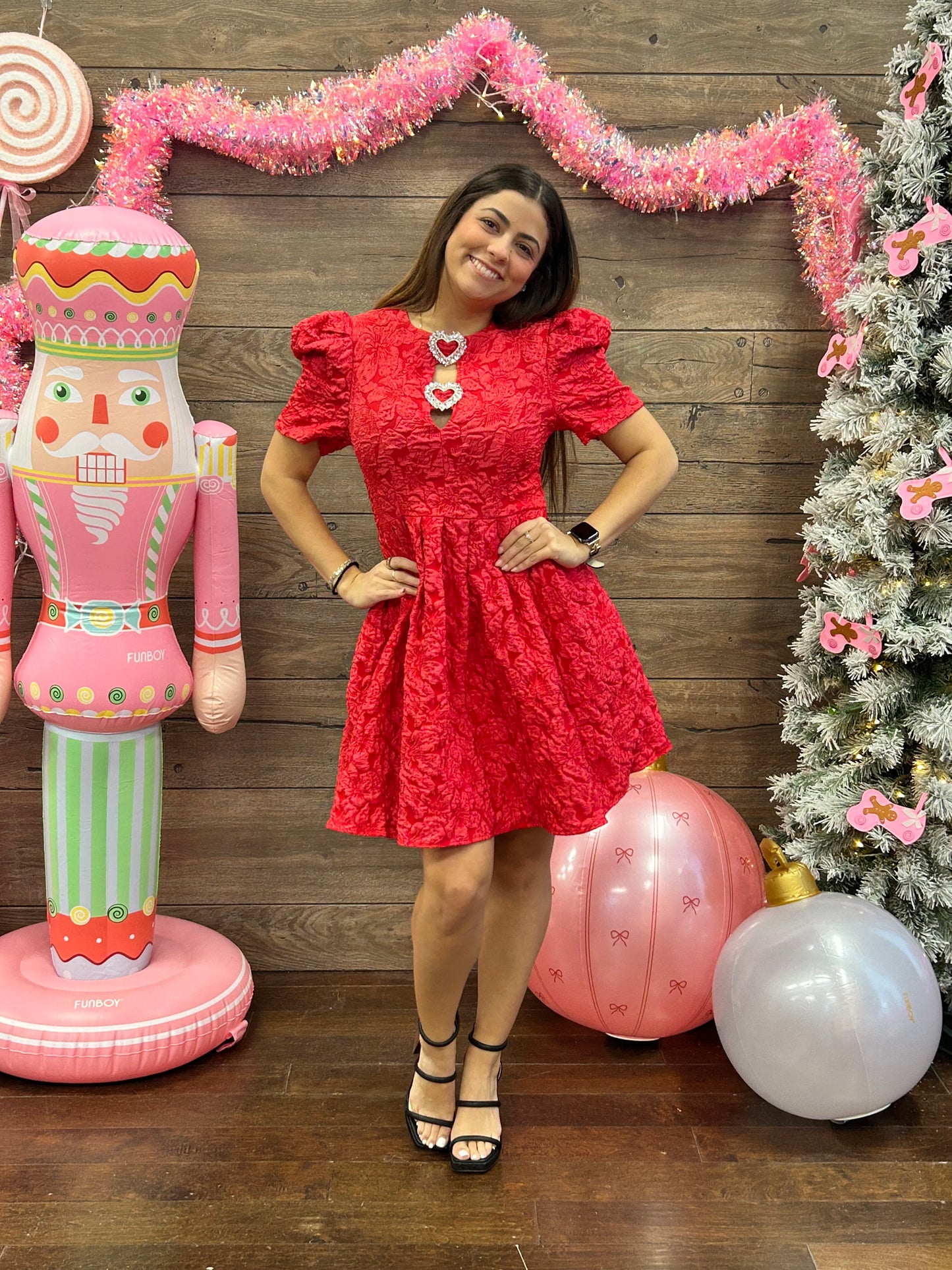 Jacquard Puff Sleeve Dress Red