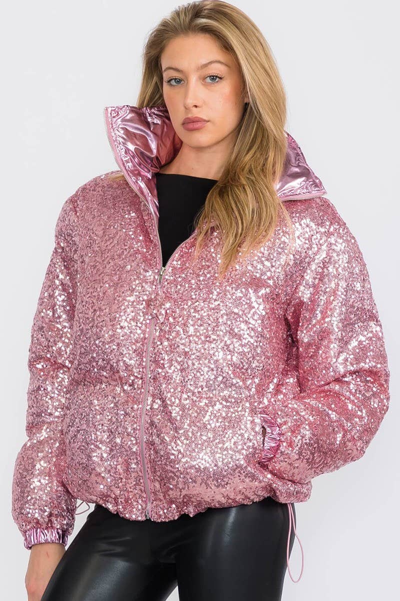 Pink Sequin Puffer Jacket