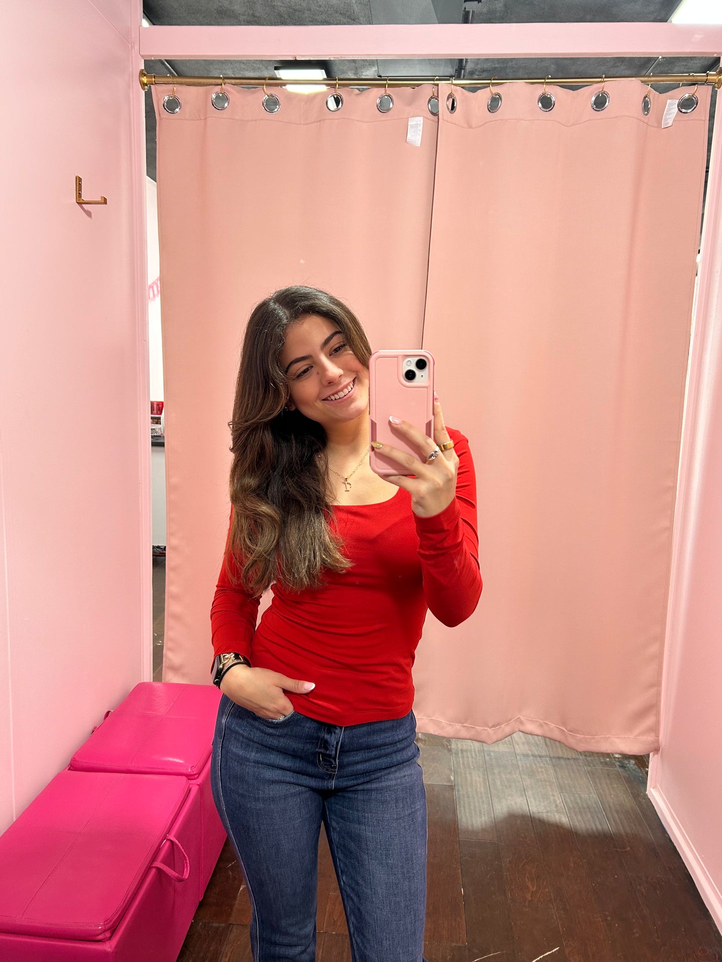 Square Neck Long Sleeve Top Red