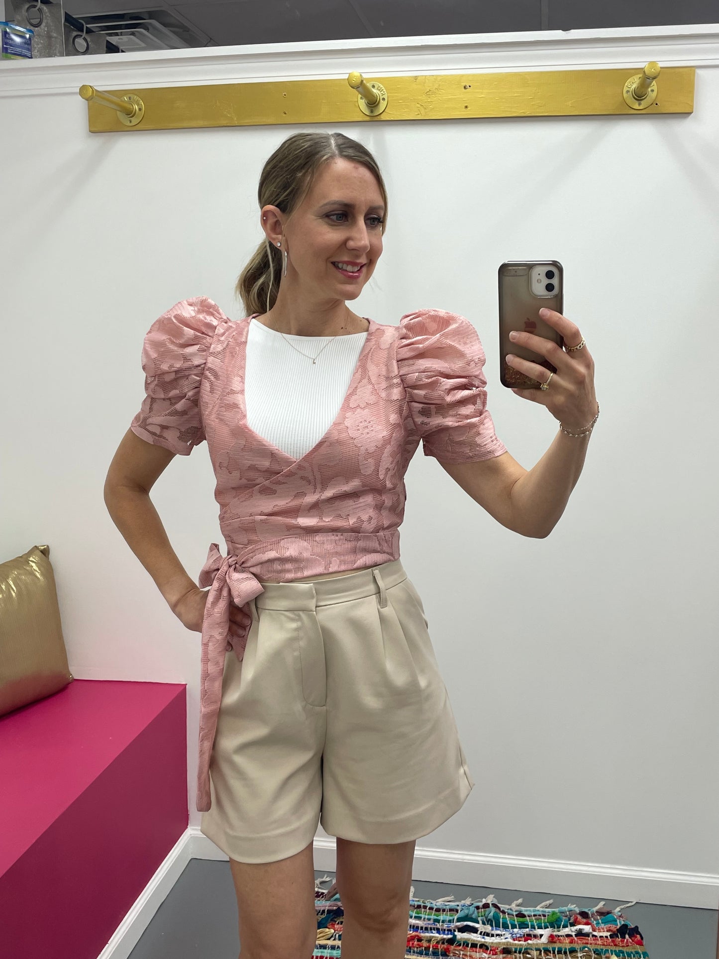 Puff Sleeve Wrap Lace Top Blush