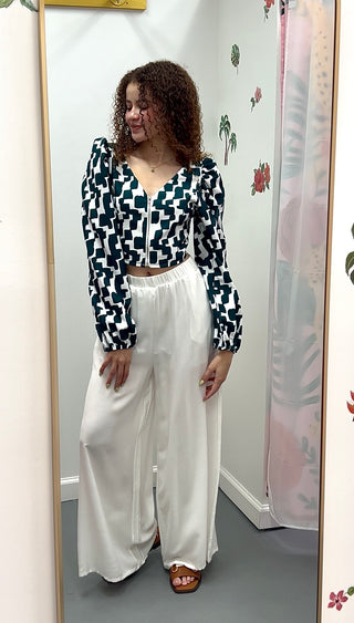 Zip Up Puff Sleeve Crop Blouse Teal