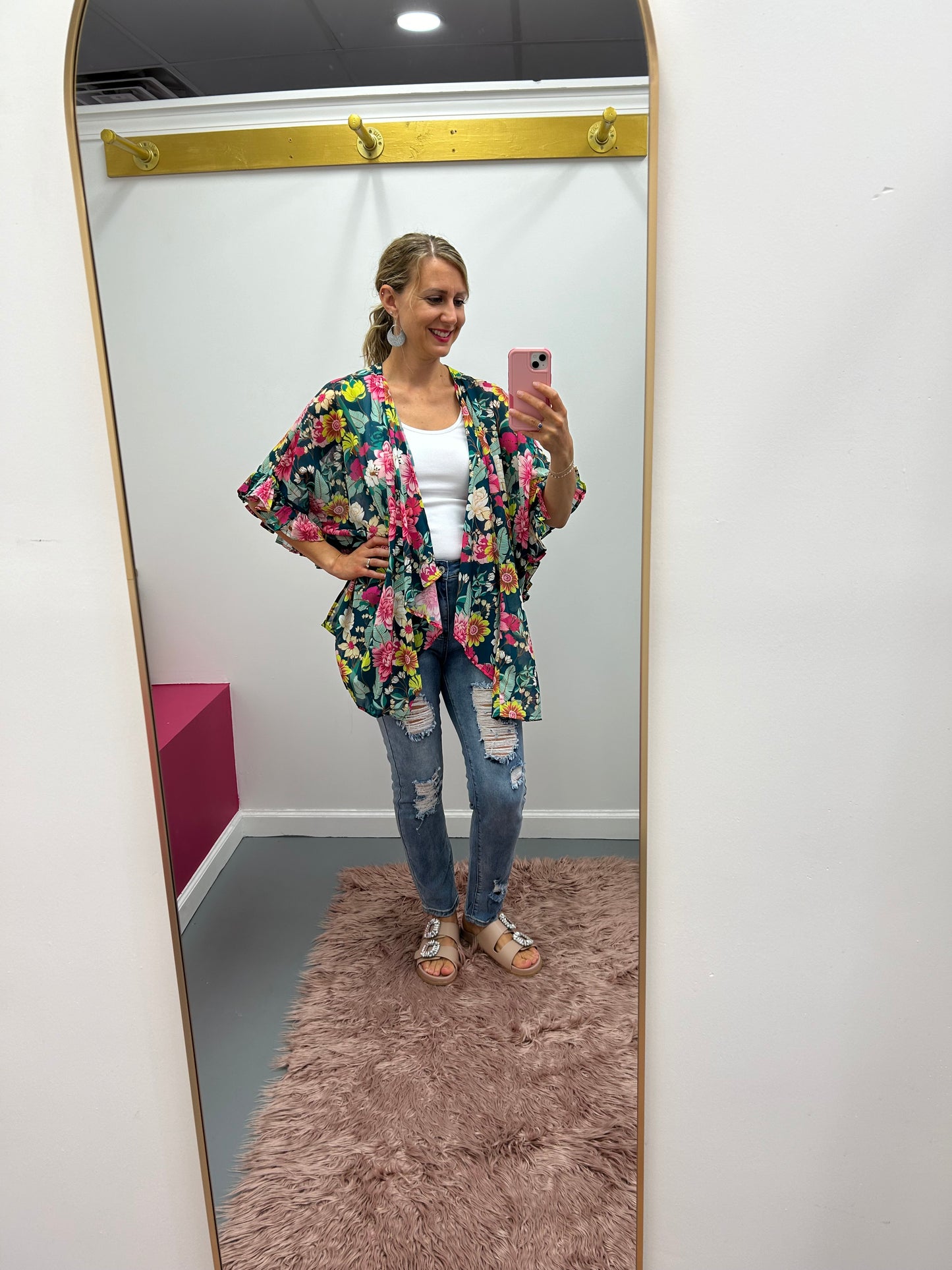 Curvy Floral Ruffle Kimono Green