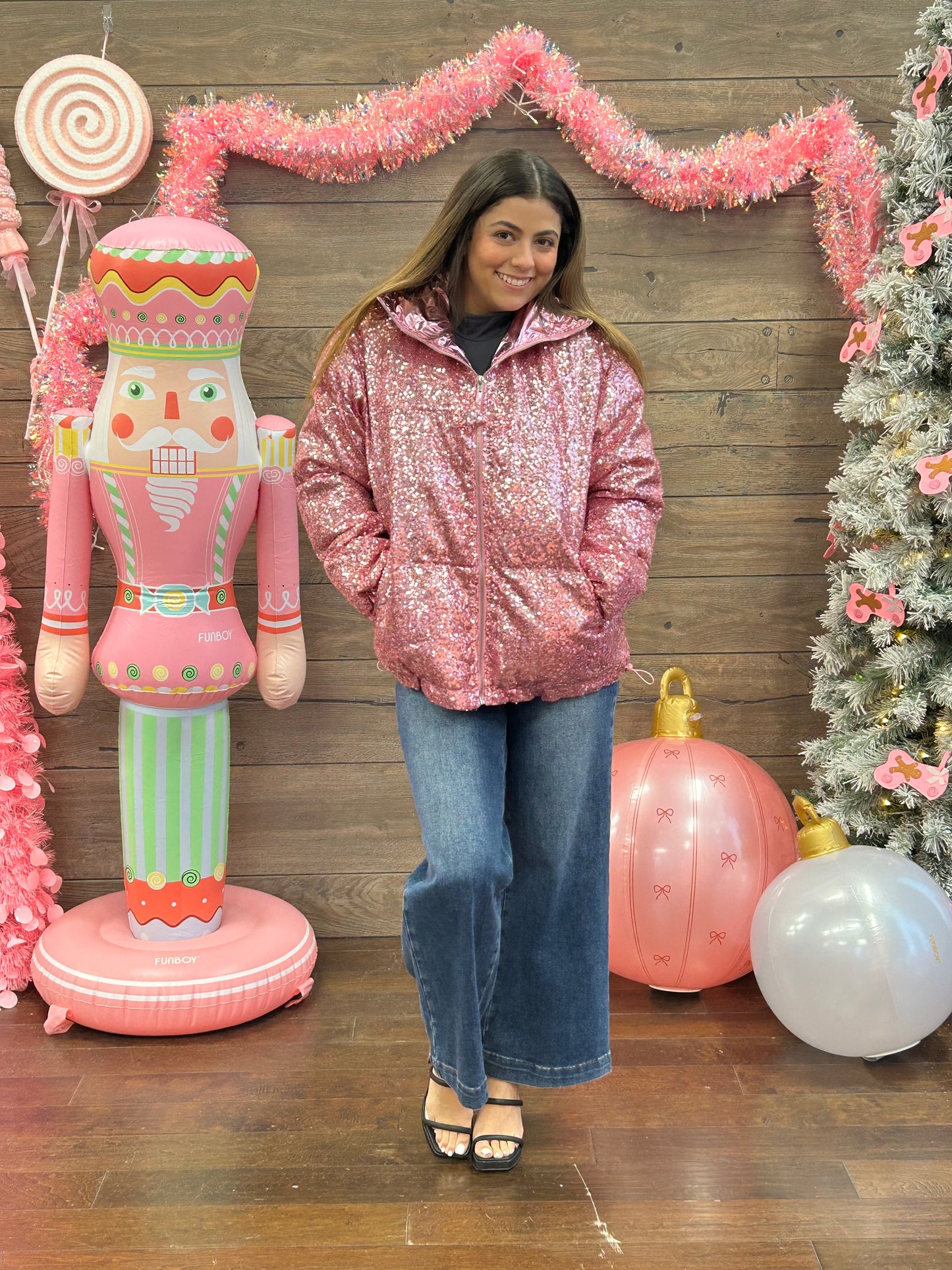 Pink Sequin Puffer Jacket