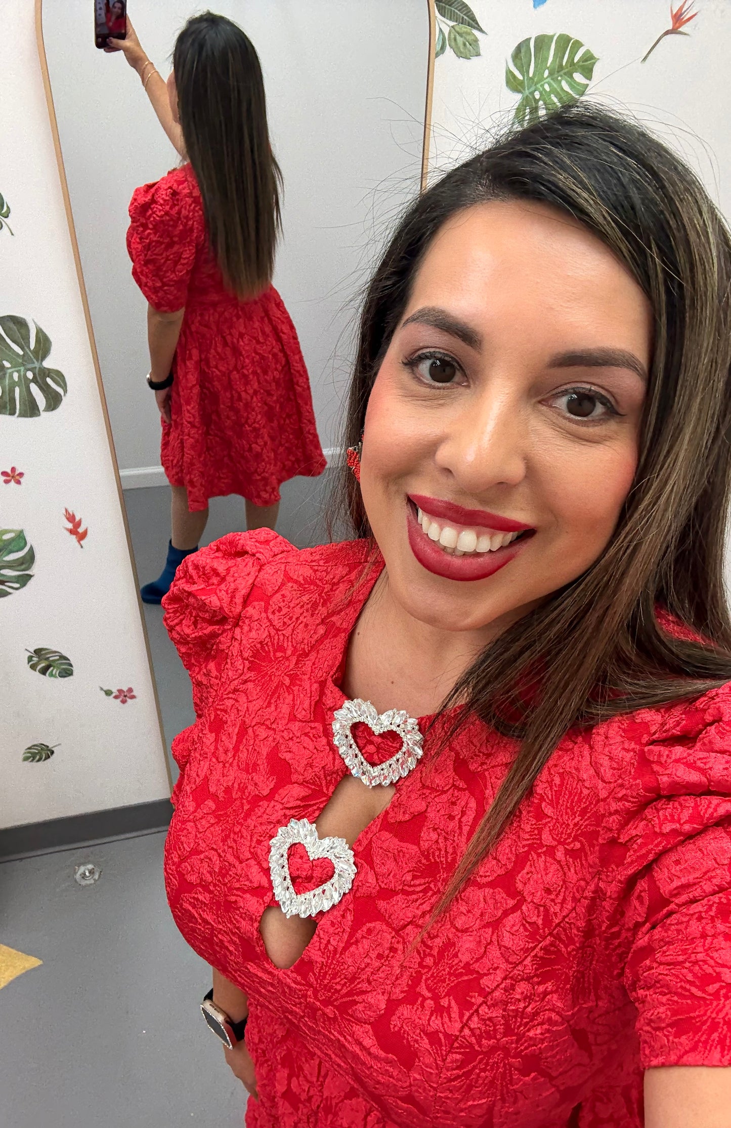 Jacquard Puff Sleeve Dress Red