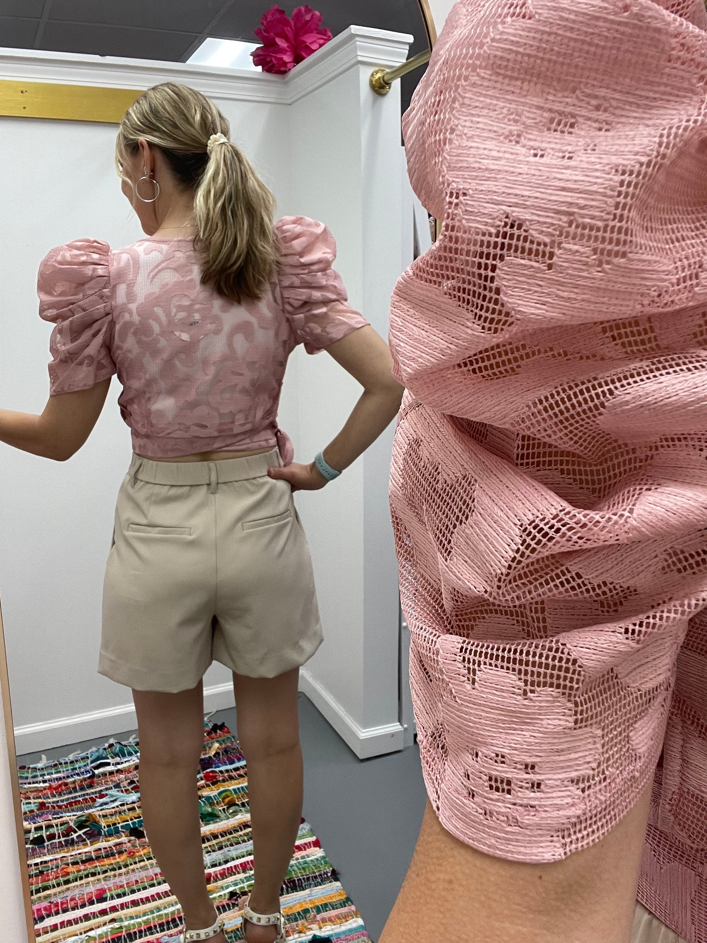 Puff Sleeve Wrap Lace Top Blush