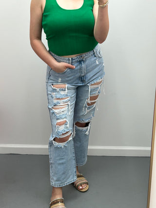 Hi-Rise Destroyed Cropped BF Jeans