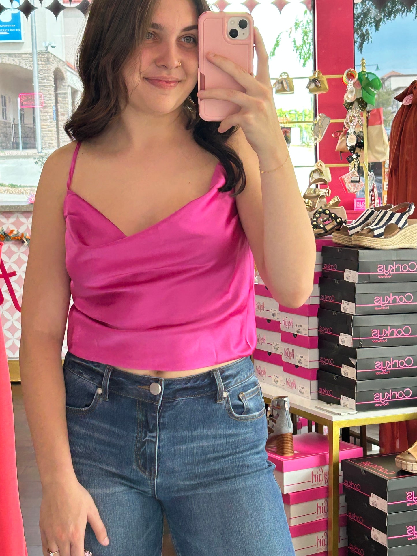 Satin Cowl Crop Cami Magenta