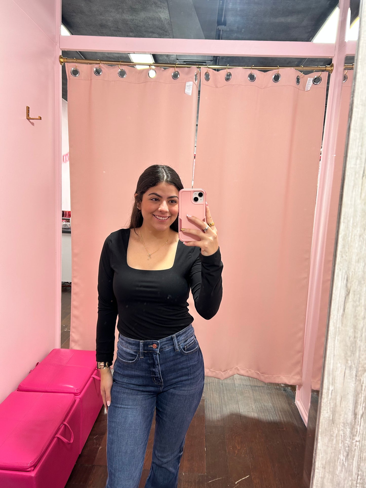 Square Neck Long Sleeve Top Black