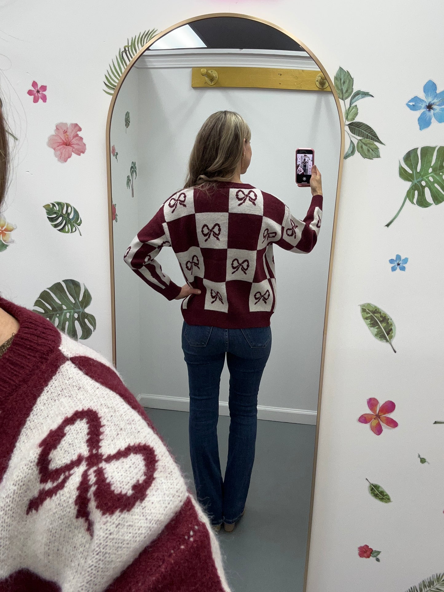 Checkered Bow Cardigan Burgundy