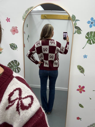 Checkered Bow Cardigan Burgundy