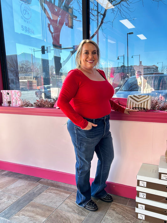 Curvy Square Neck LS Top Red