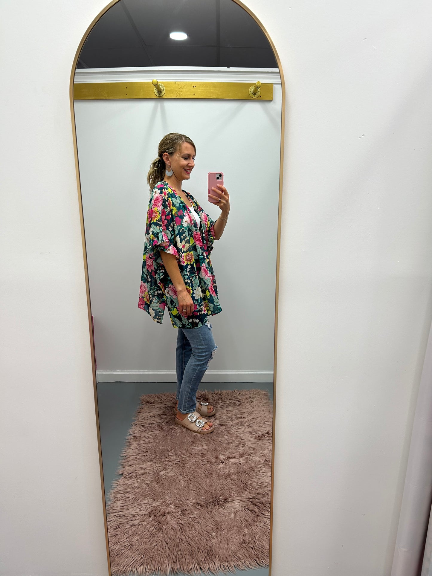 Curvy Floral Ruffle Kimono Green