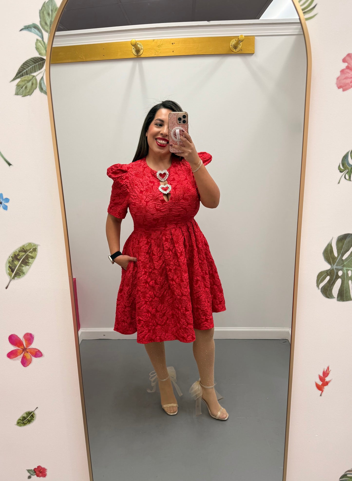 Jacquard Puff Sleeve Dress Red