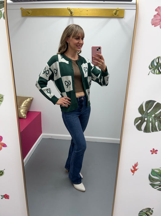 Checkered Bow Cardigan Green