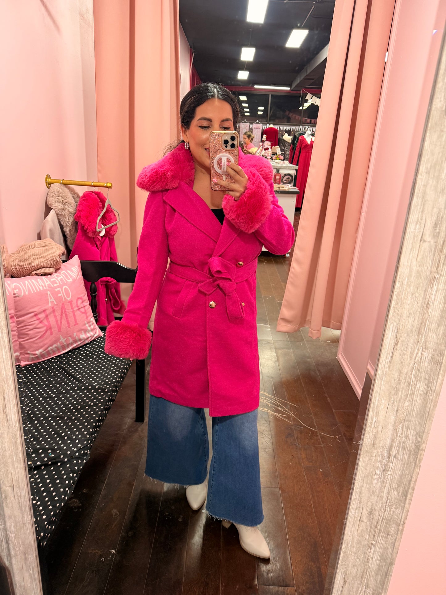 Iconic Faux Fur Belted Coat – Hot Pink