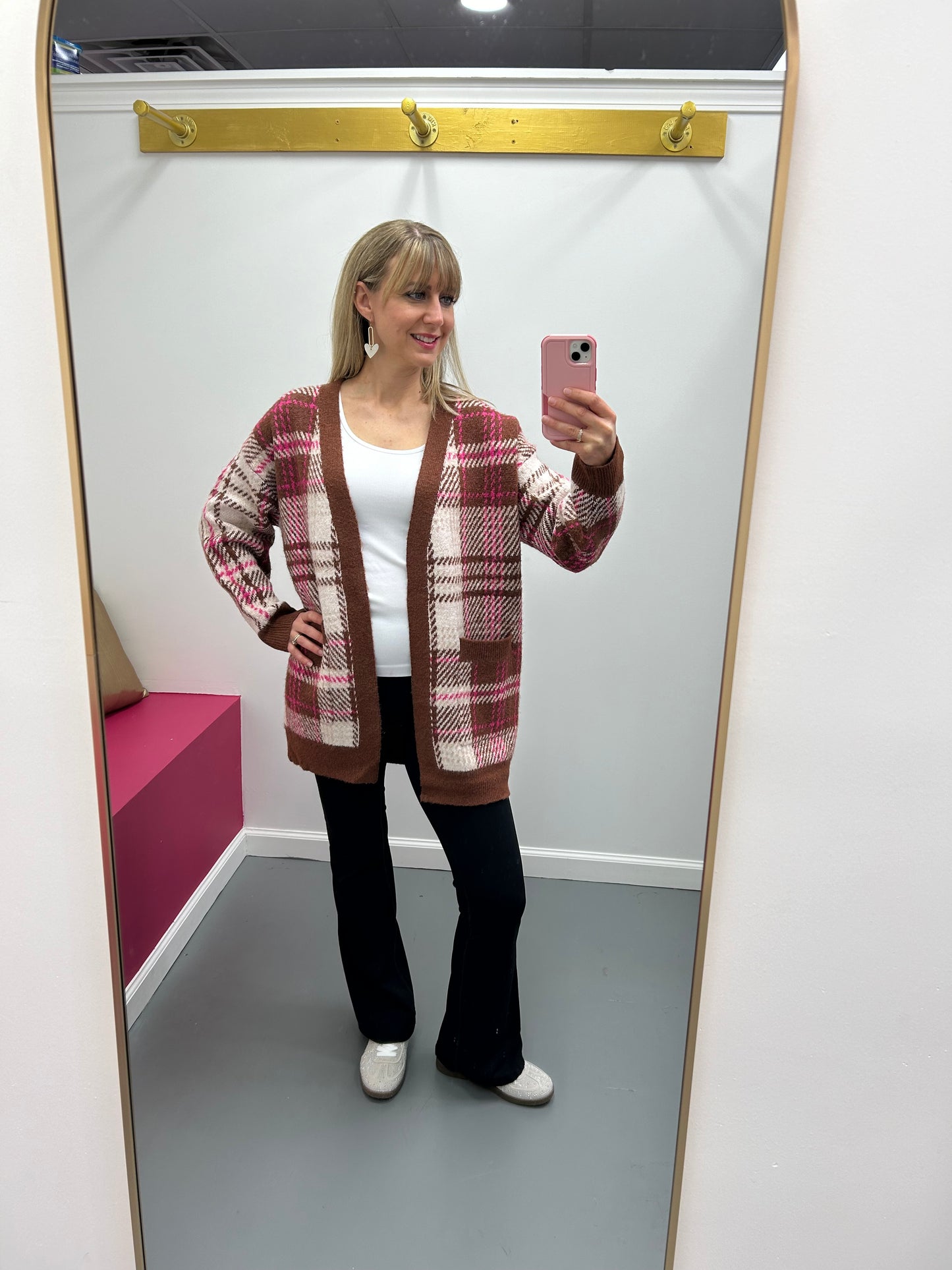 Plaid Cardigan Brown Pink