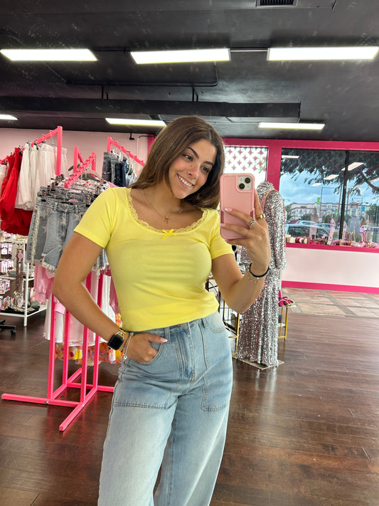 Lace Trim Ribbed Tee Lemon Drop