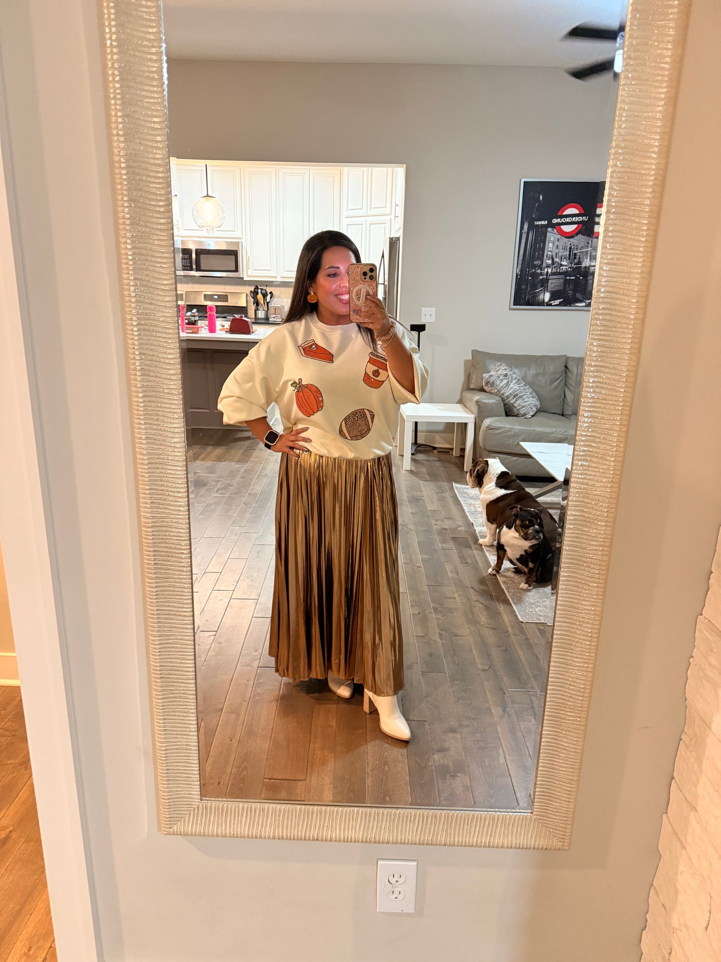 Pleated Metallic Maxi Skirt Bronze