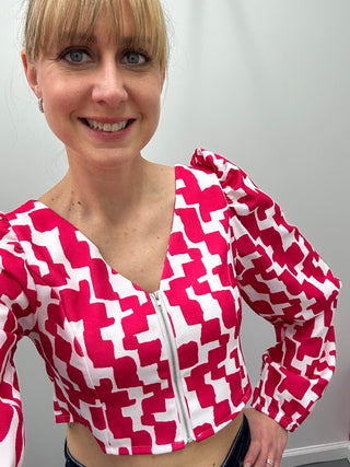 Zip Up Puff Sleeve Crop Blouse Pink