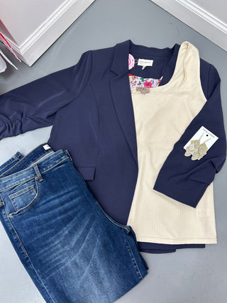 Curvy 3/4 Sleeve Blazer Navy