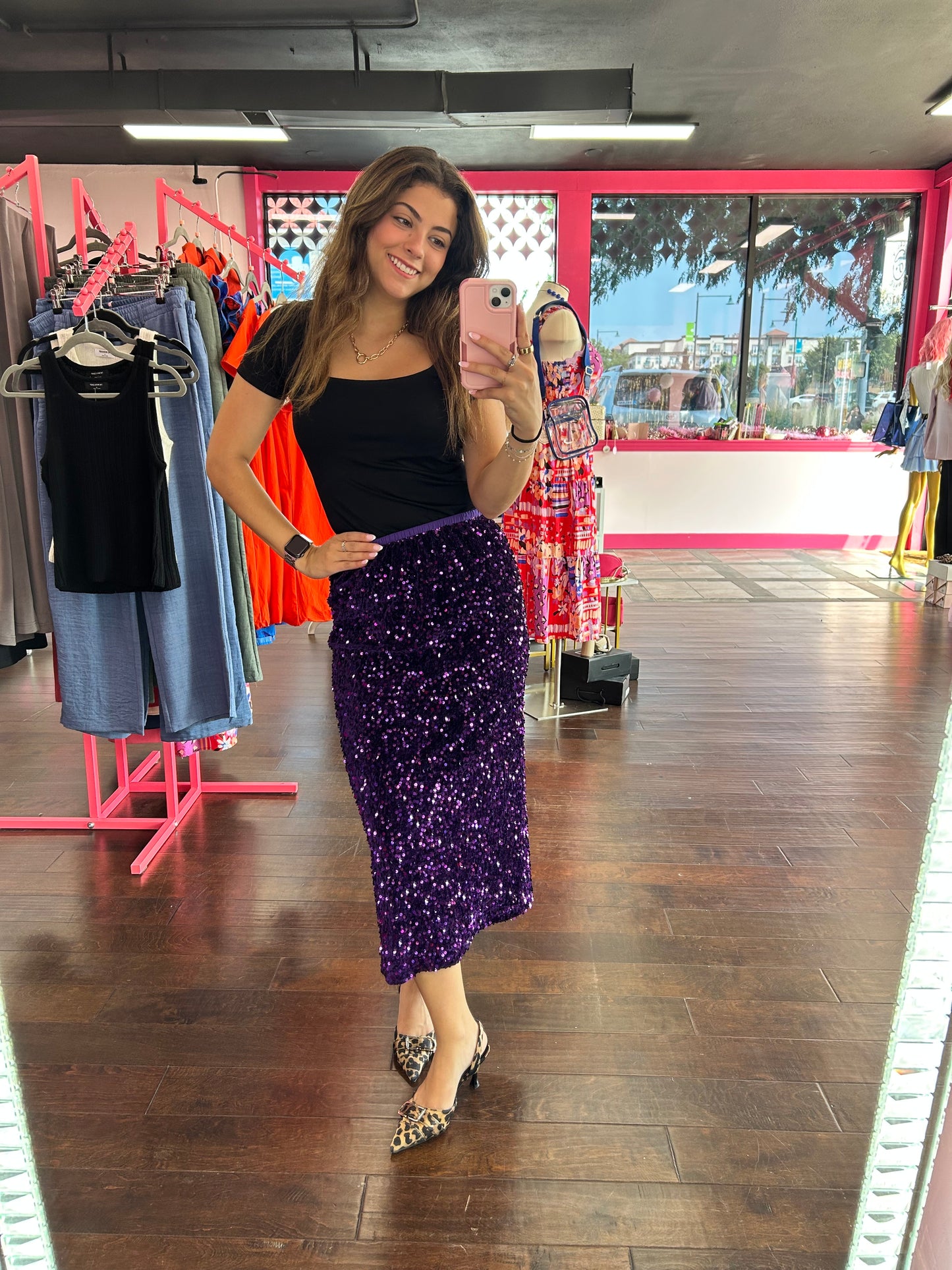 Purple Sequins Midi Pencil Skirt